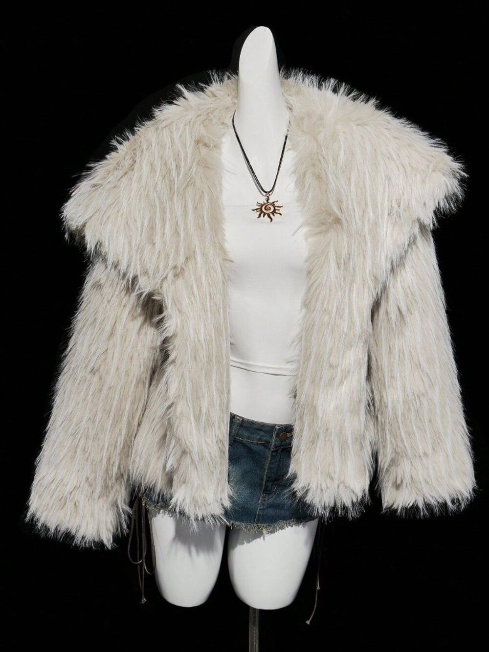 Beige Casual Women's Long Sleeve Faux Fur Collar Open Front Fluffy Coat
